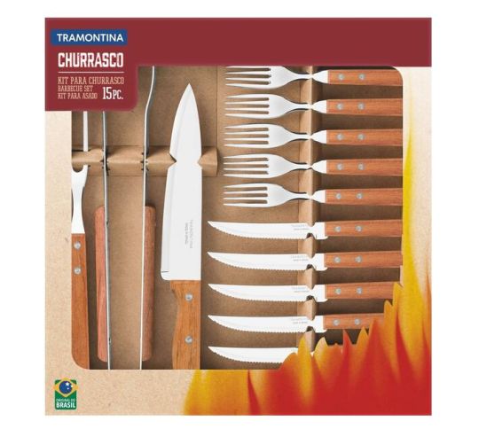 Tramontina - Stainless Steel barbecue kit with natural wooden handles, 15pc set