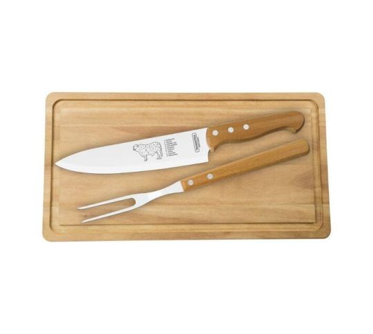  Tramontina - 3 pieces Barbecue Set Carving Fork, Meat Knife and Wooden Chopping Board