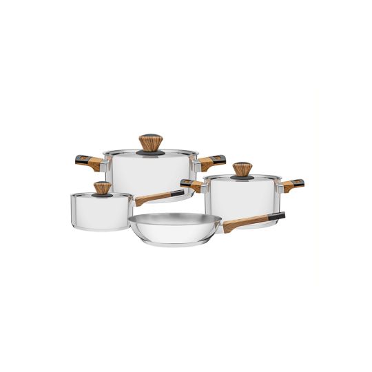Tramontina - Brava Bakelite Stainless Steel Cookware 7 piece Set with Tri-ply Base and Faux Wood Handles.